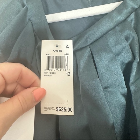 AMSALE Size 12 Women's Petrol Satin Cold Shoulder Evening Dress - Picture 9 of 11